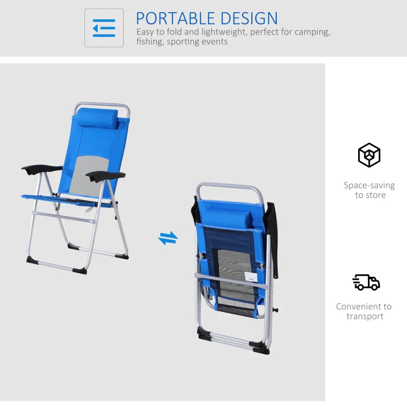 Blue Folding Camping Chair with Adjustable Recliner and Pillow