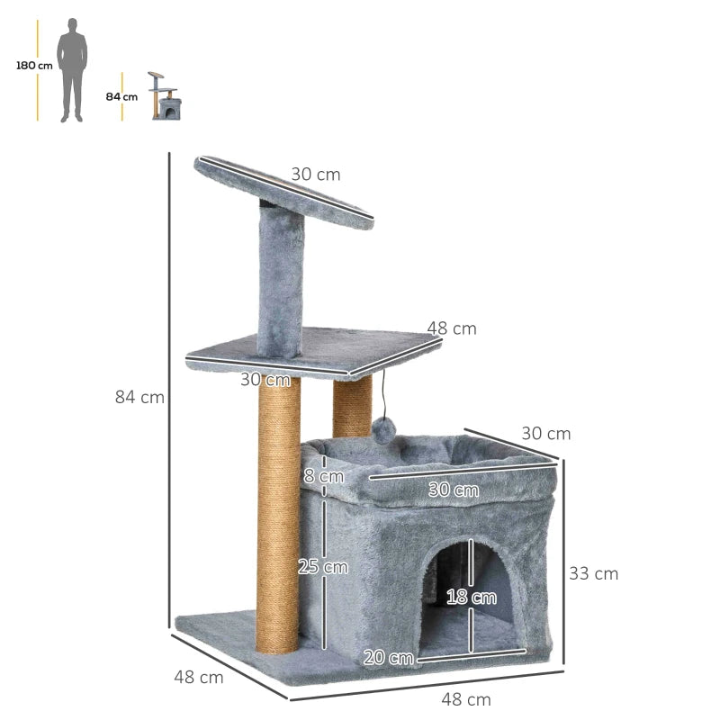 Grey Cat Tree Tower with Scratching Post and Interactive Toy - 48 x 48 x 84cm