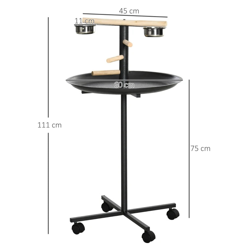 Metal Bird Play Stand with Feeding Station and Wheels, Black