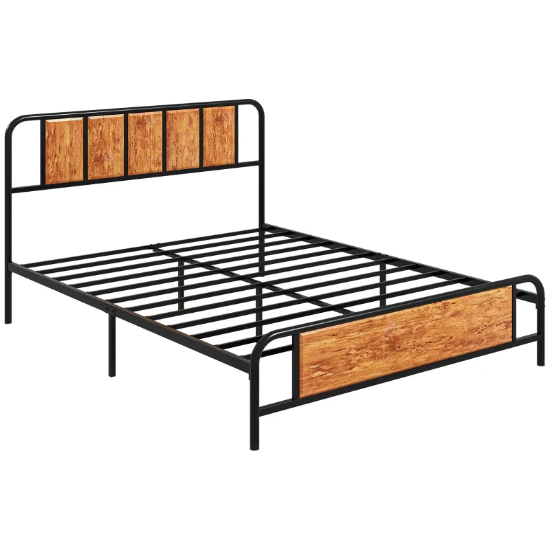Rustic Brown King Bed Frame with Industrial Wood Headboard and Underbed Storage