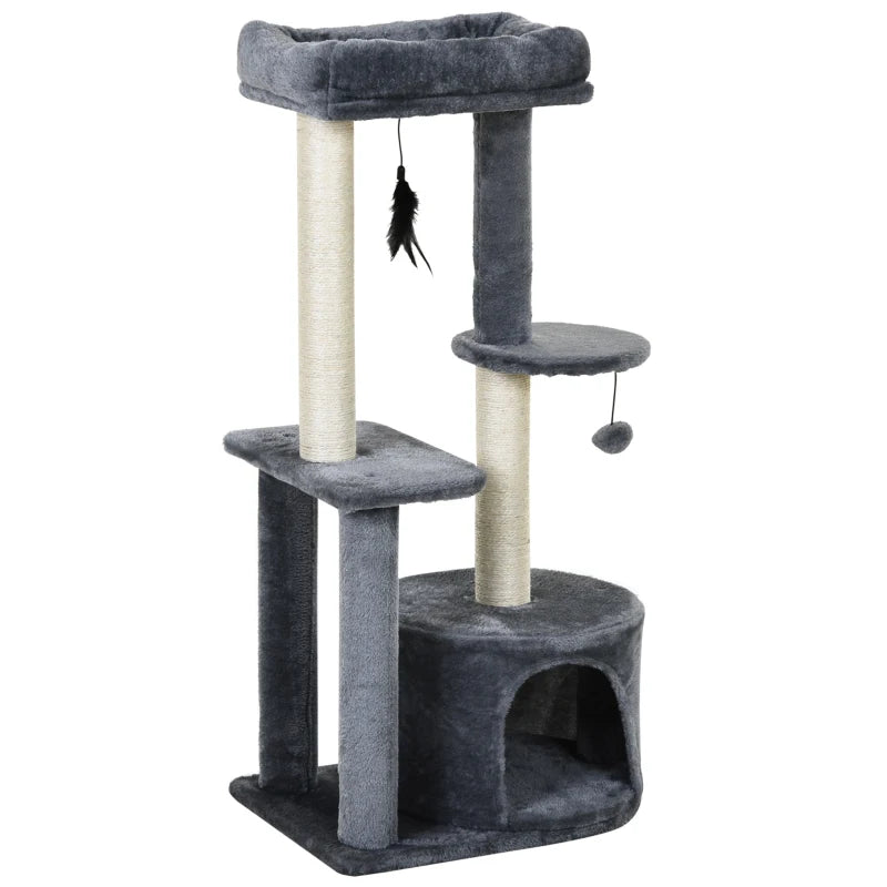 Grey Cat Tower Condo with Scratching Posts and Toys