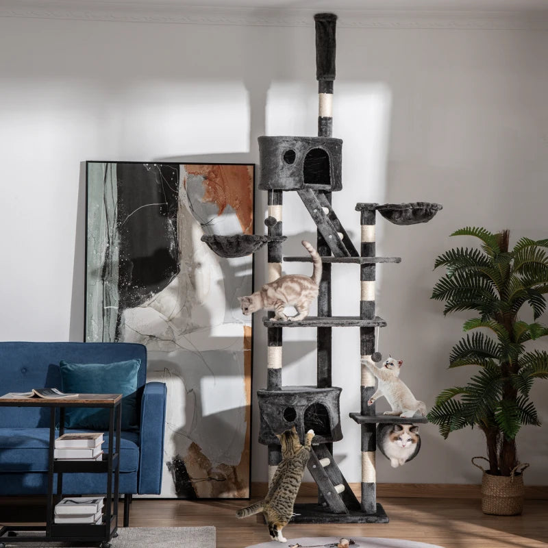 Adjustable Floor-to-Ceiling Cat Tower with Condos and Hammocks, Dark Grey