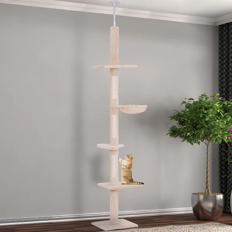 Adjustable Beige Cat Climbing Tower - 5-Tier Indoor Kitty Activity Center