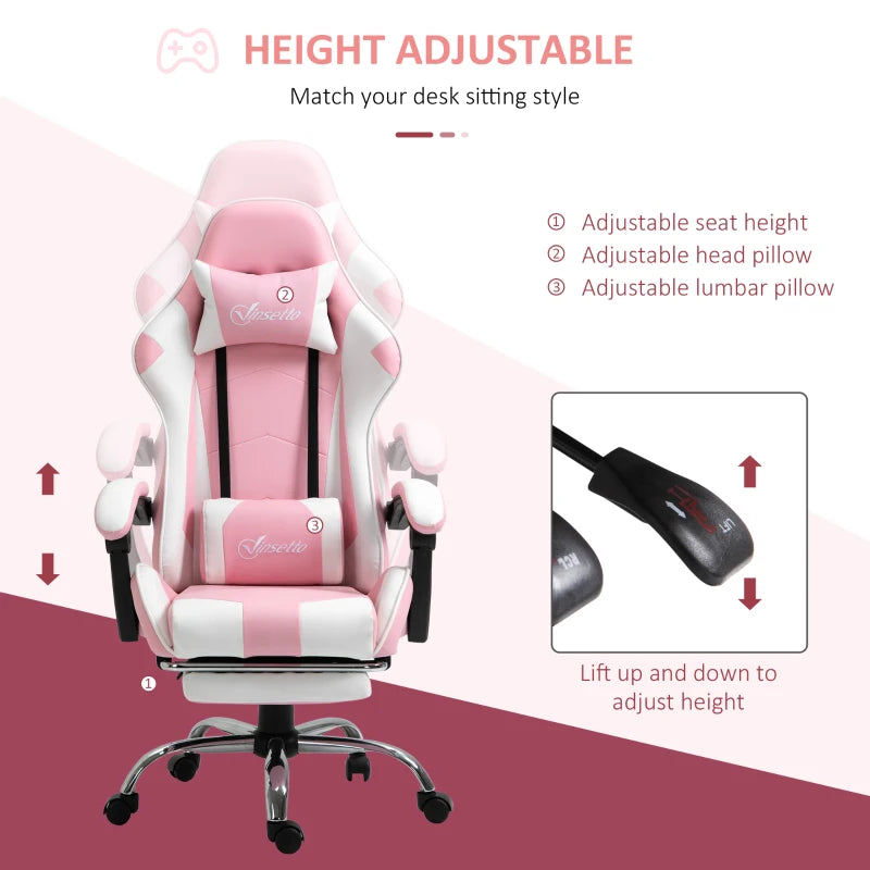 Pink Gaming Chair with Lumbar Support, Footrest & Headrest