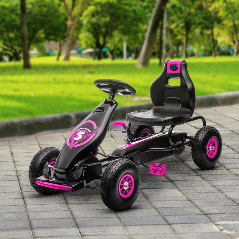 Kids Pink Pedal Go Kart with Adjustable Seat and Inflatable Tyres