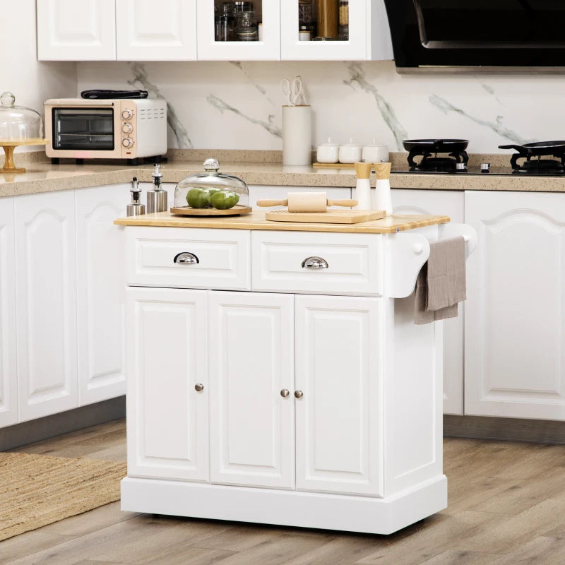 White Rolling Kitchen Island Cart with Storage and Towel Rack