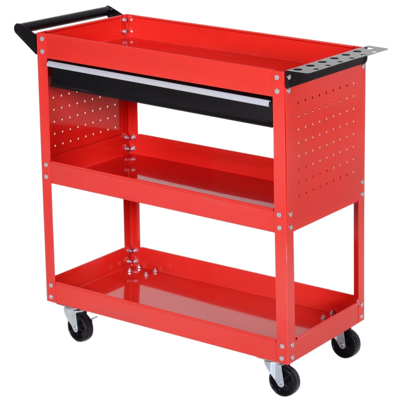 Red 3-Tier Tool Trolley Cart with Drawer