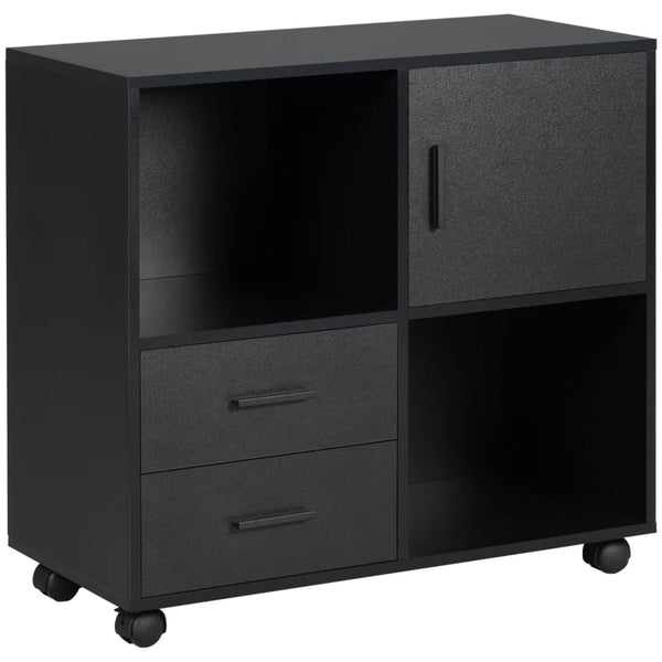 Black Printer Stand with Wheels, Shelves, Drawers & Compartment, 80x38.5x74.5cm