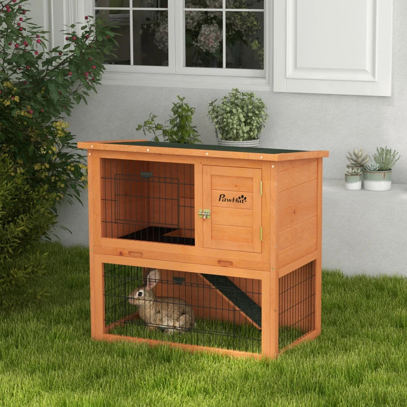 Orange Antiseptic Wood Rabbit Hutch with Run - 80cm