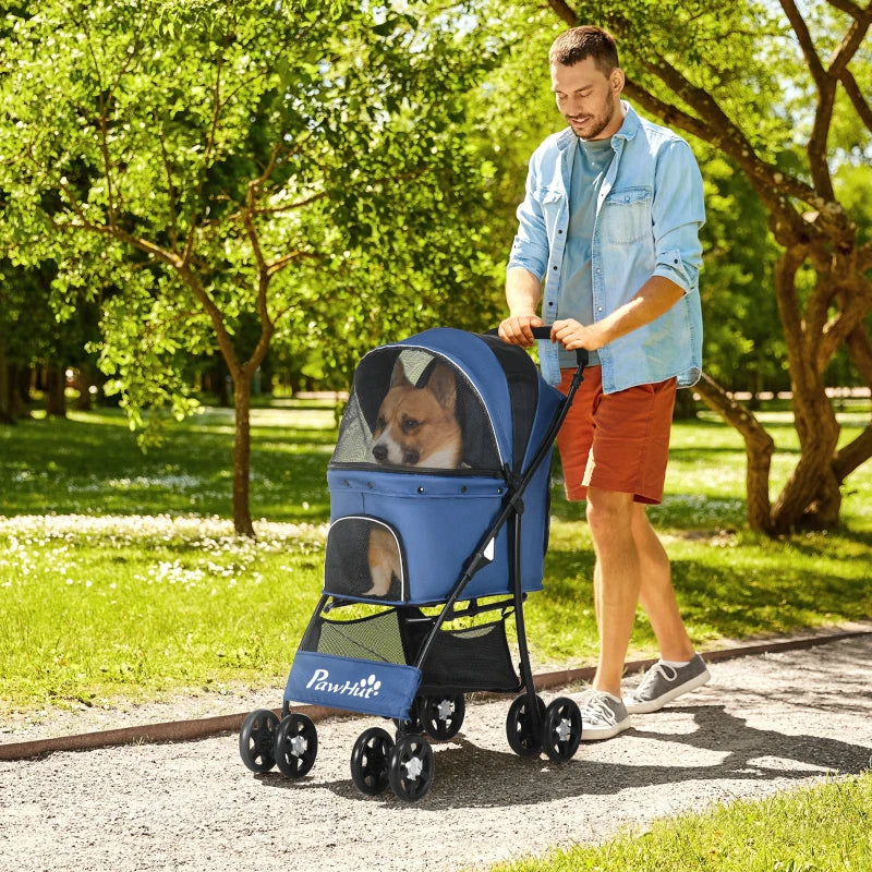 Dark Blue Pet Stroller with Large Carriage and Storage Bag