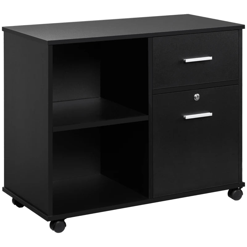 Black Mobile Filing Cabinet with Lockable Drawer and Open Shelves