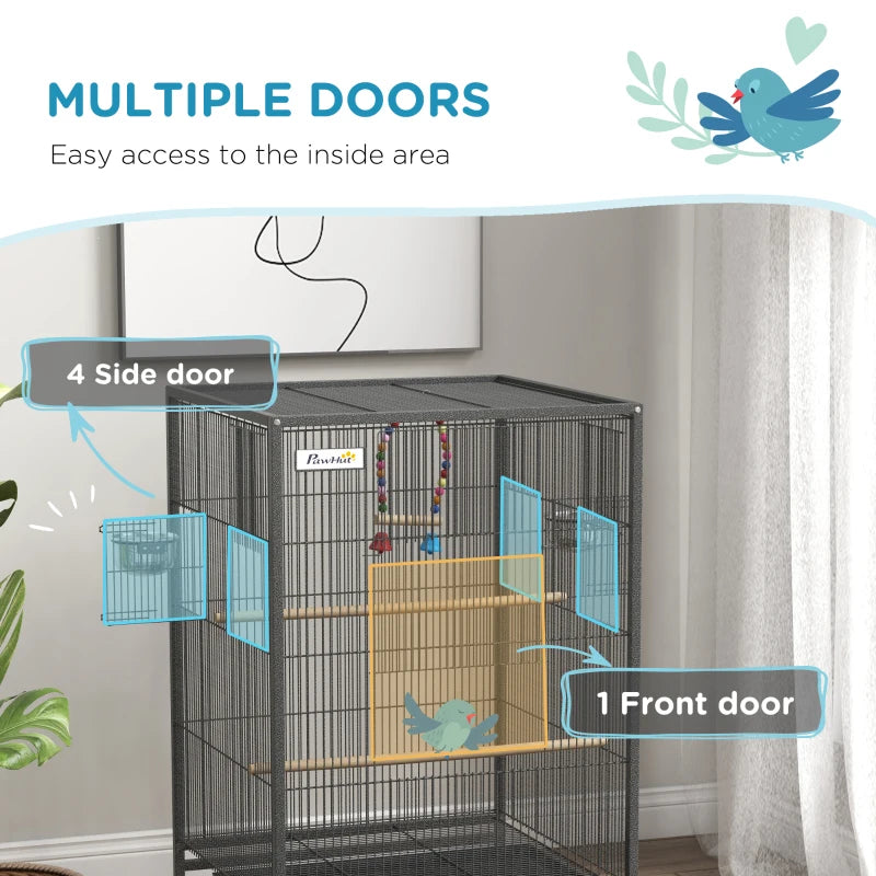 Grey Bird Cage with Rolling Stand for Small Birds