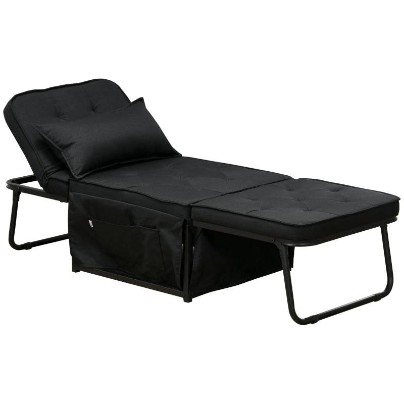 Black Fabric Folding Sleeper Chair with Adjustable Backrest and Side Pockets