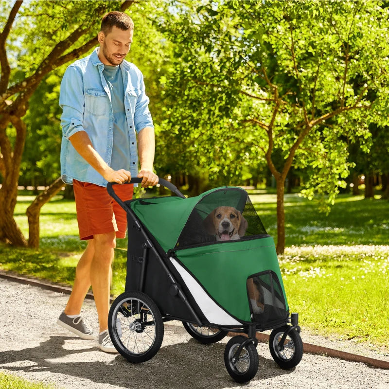 Foldable Pet Stroller with Washable Cushion - Green