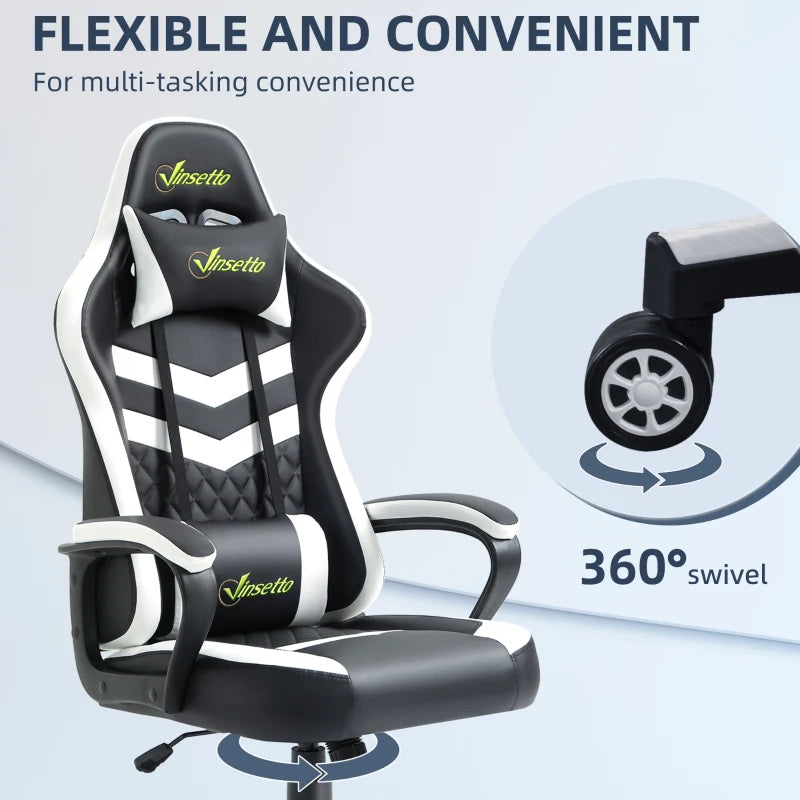 Black White Gaming Chair with Lumbar Support and Swivel Wheels