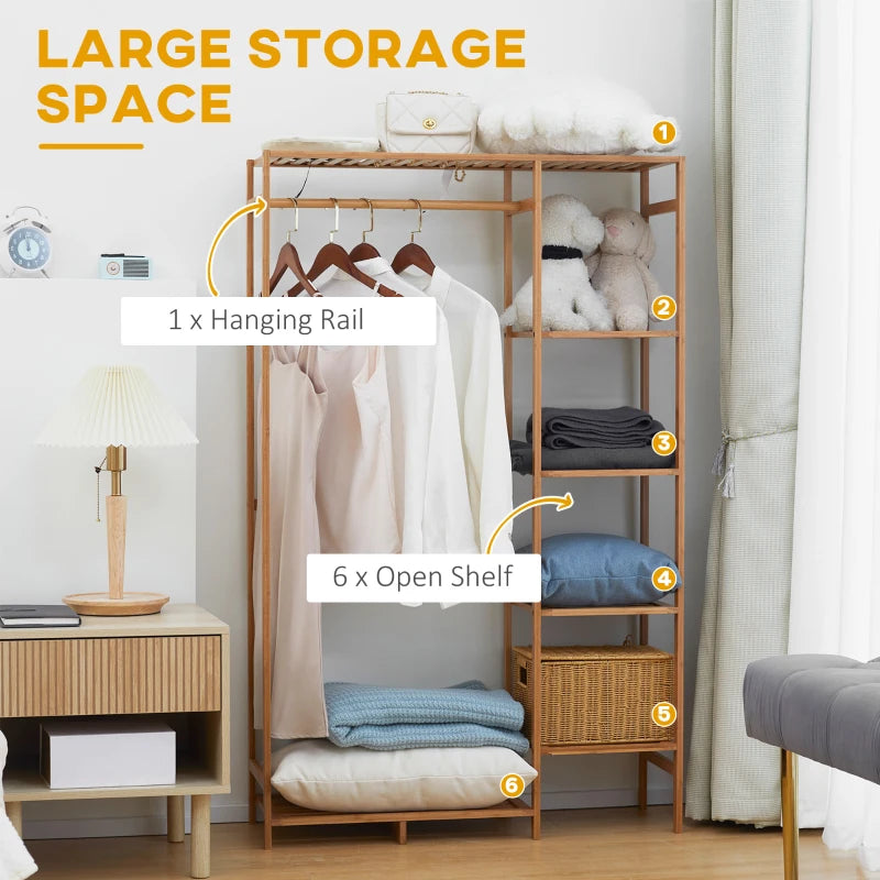 Bamboo Garment Rack with 6-Tier Storage Shelf - Natural Wood Color