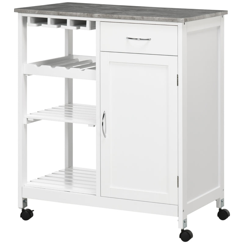 White Kitchen Trolley Cart with Wine Rack and Storage