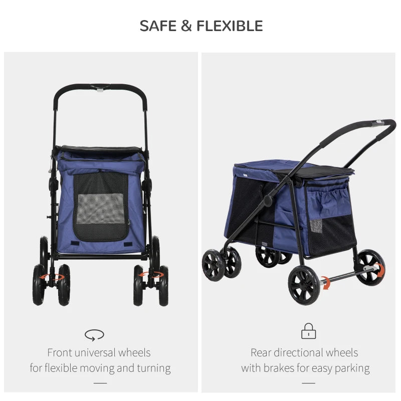 Foldable Pet Stroller with Cushion and Storage Bags, Dark Blue