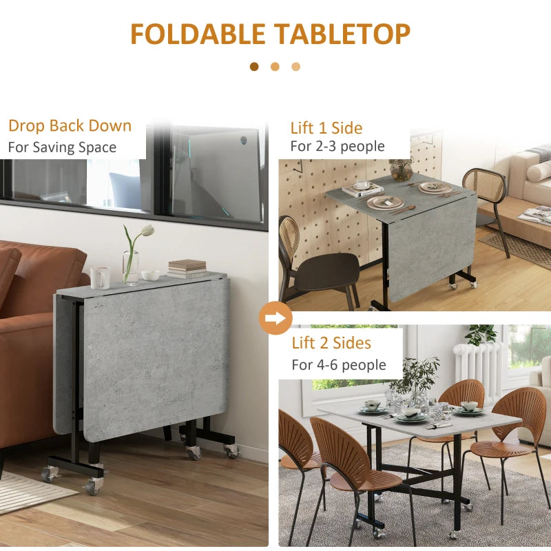 Grey Drop Leaf Folding Dining Table, Metal Frame, Rolling Kitchen Table, 120cm