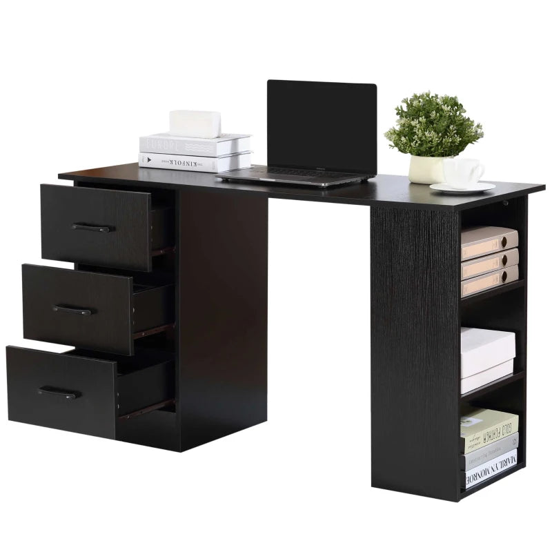 Black Computer Desk with Storage Shelves and Drawers