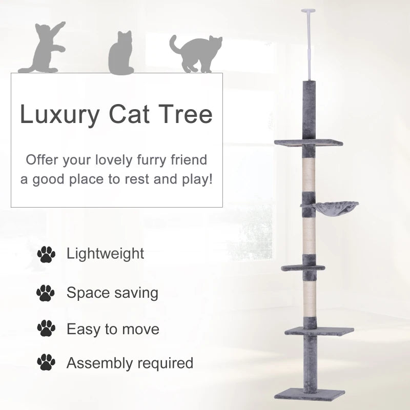 Grey 5-Tier Floor-to-Ceiling Cat Climbing Tree