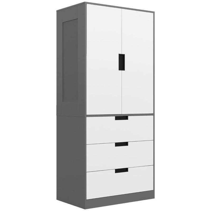 Grey 2-Door Wardrobe with Drawers and Hanging Rod for Bedroom