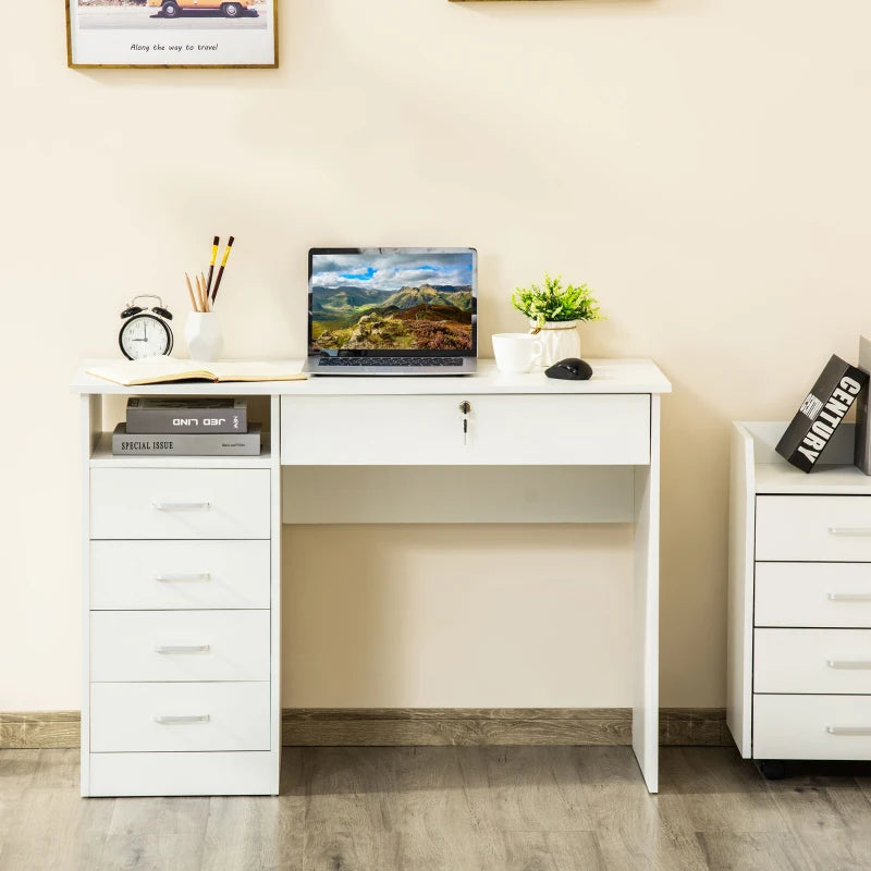 White Computer Desk with Lockable Drawer and Storage Shelf, 110 x 50 x 76 cm