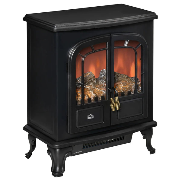 Black Electric Fireplace Stove Heater with LED Flame Effect, Double Door, Portable & Safe