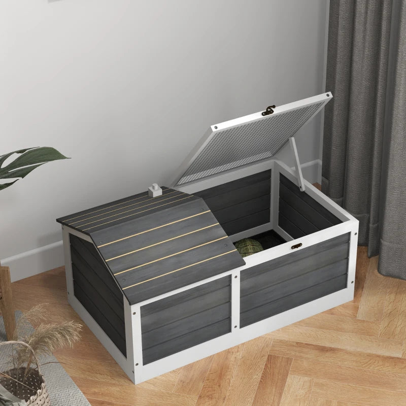 Grey Wooden Tortoise Shelter with Hide Den and Run