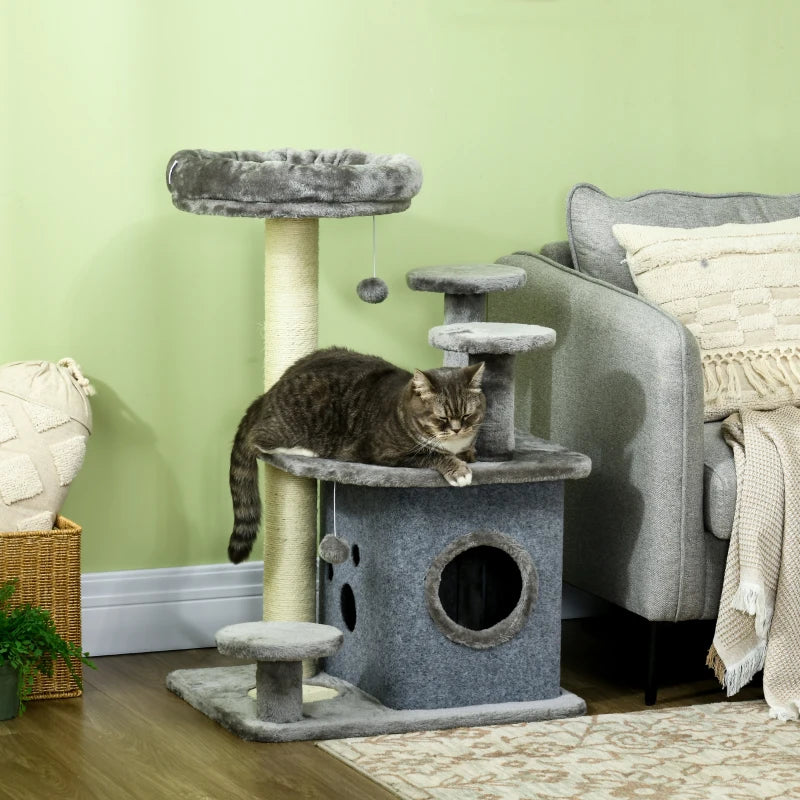 Grey Cat Tree with Scratching Posts, House, Bed - 92cm