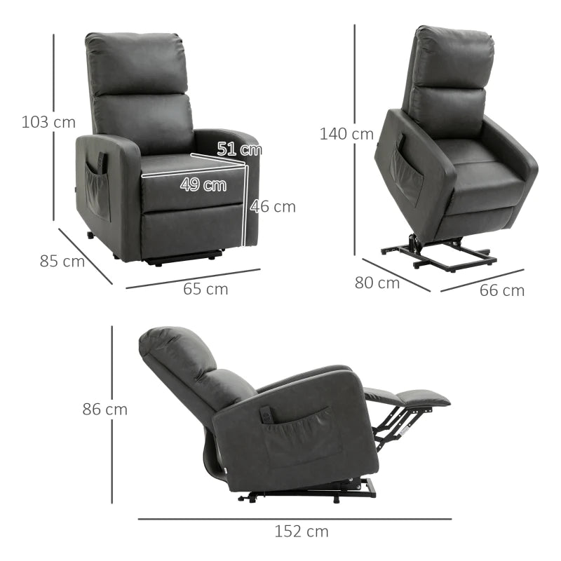 Charcoal Grey Elderly Recliner Chair with Remote Control and Side Pockets