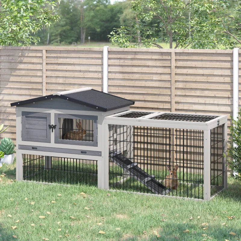 Grey Outdoor Rabbit Hutch with Run, 2-Level Design, Water-Resistant, 150 x 52.5 x 68 cm