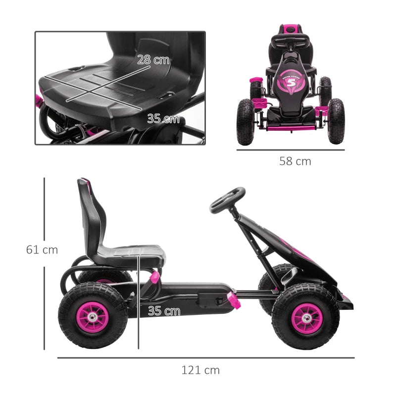 Kids Pink Pedal Go Kart with Adjustable Seat and Inflatable Tyres