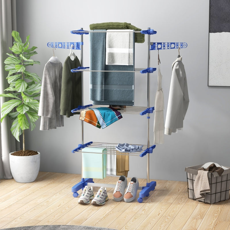 Blue 4-Shelf Folding Clothes Drying Rack with Side Arms and Wheels