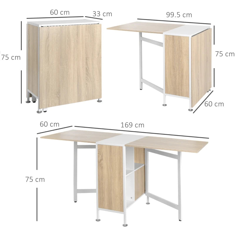 Foldable Drop Leaf Dining Table with Storage Shelves - Oak & White