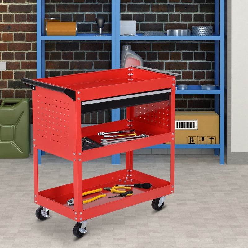 Red 3-Tier Tool Trolley Cart with Drawer