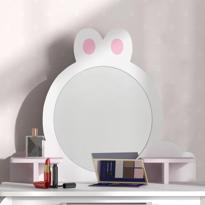 White and Pink Bunny Kids Dressing Table Set with Mirror and Stool