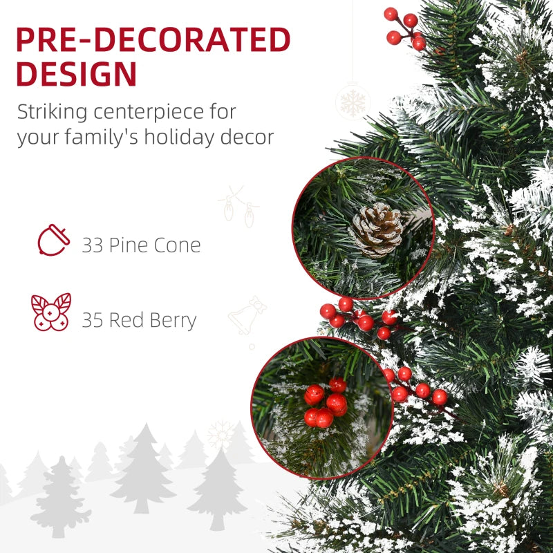 6 Ft Snow Dipped Slim Pencil Christmas Tree with Pine Cones & Berries, Green