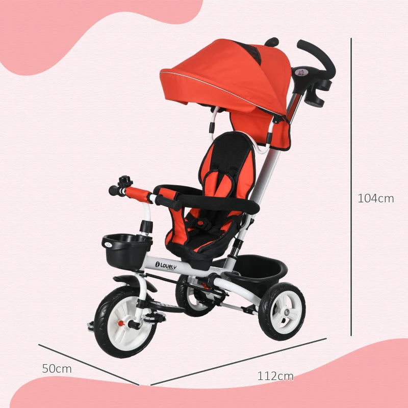 Red 6-in-1 Baby Push Tricycle with Parent Handle - Ages 1-5