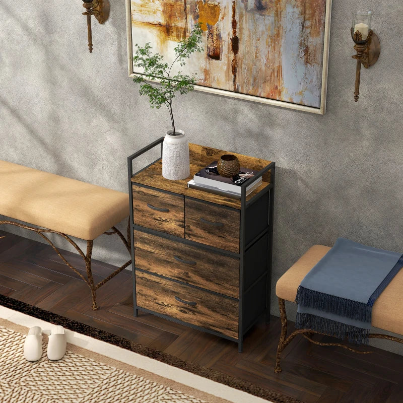 Rustic Brown Wood Effect 4-Drawer Fabric Chest
