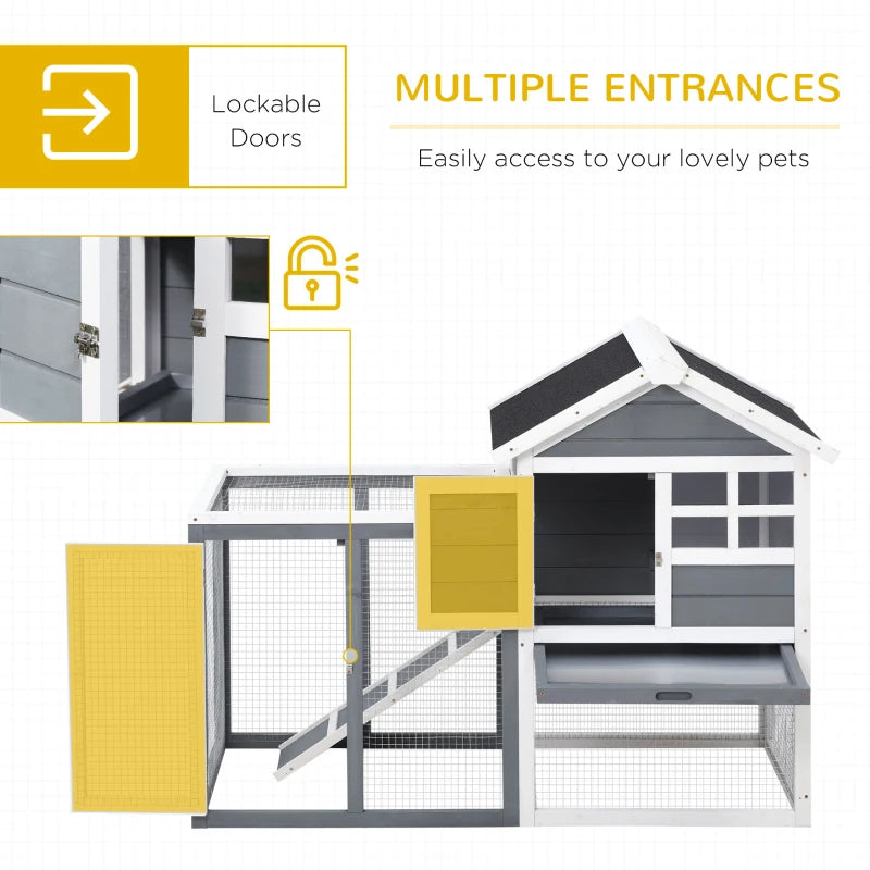 Grey 2-Tier Wooden Rabbit Hutch with Run and Sliding Tray, 122 x 62.6 x 92cm