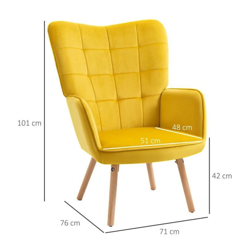 Yellow Velvet Tufted Wingback Armchair with Wood Legs