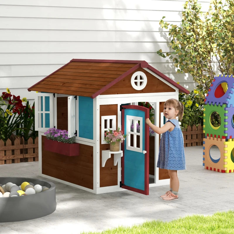 Kids Wooden Playhouse with Doors, Windows, Planters - Dark Brown