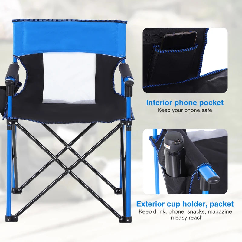 Blue Folding Camping Chair with Cup Holder and Phone Pocket