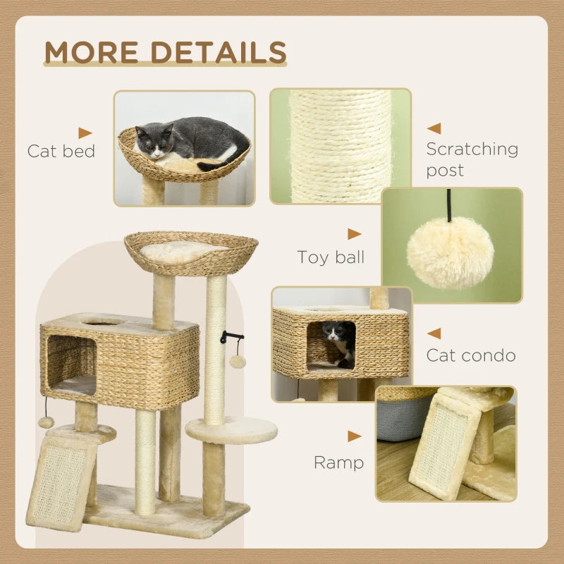 Beige Cat Tree Tower with Scratching Post and Toy Ball