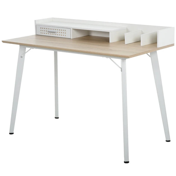 White Compact Computer Desk with Monitor Stand and Storage
