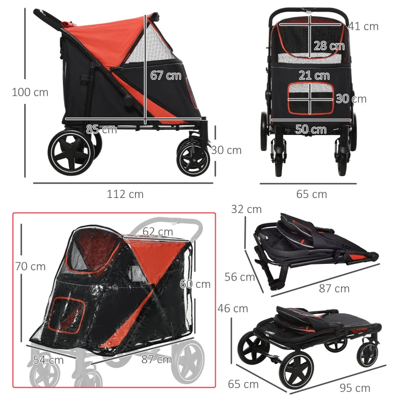 Foldable Red Pet Travel Stroller with Rain Cover for Large & Medium Dogs