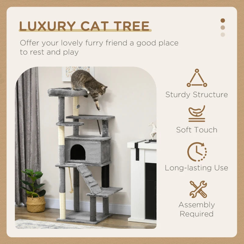 Grey Cat Tree Tower with Scratching Post and Toy