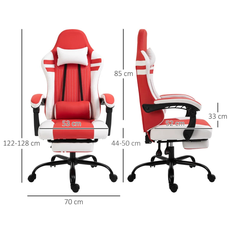 Red White Gaming Chair with Headrest, Footrest, Wheels - Adjustable Height