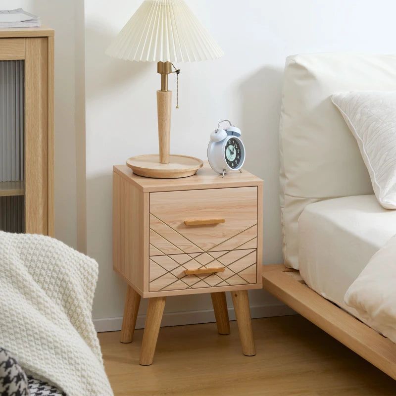 Scandinavian Bedside Table with Drawers, Natural Wood Finish